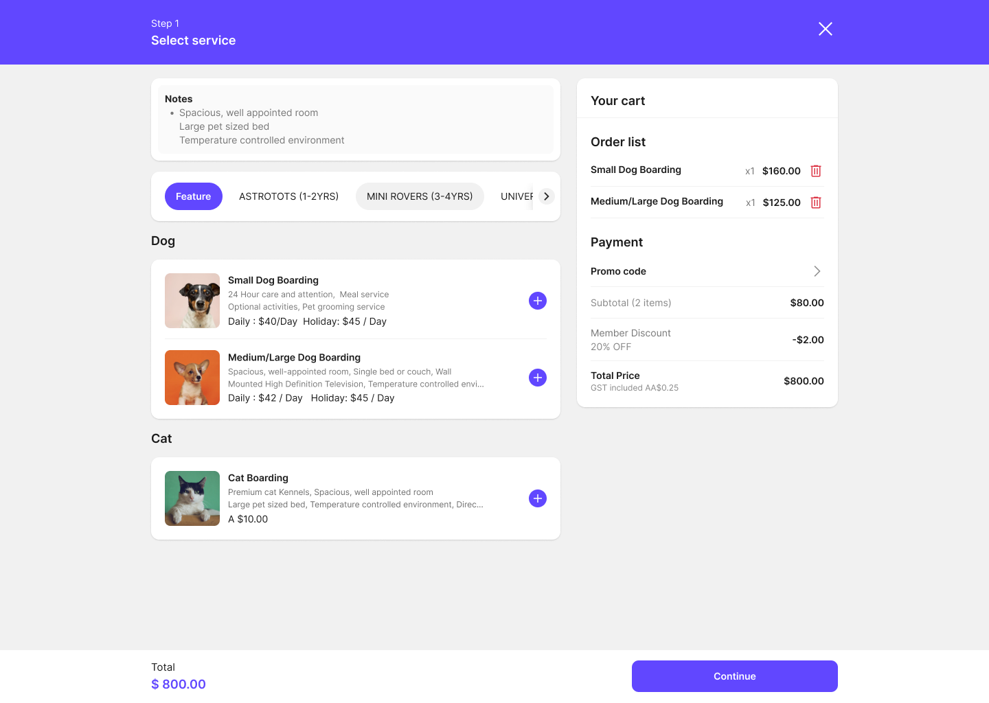 Booking 选择服务与购物车界面