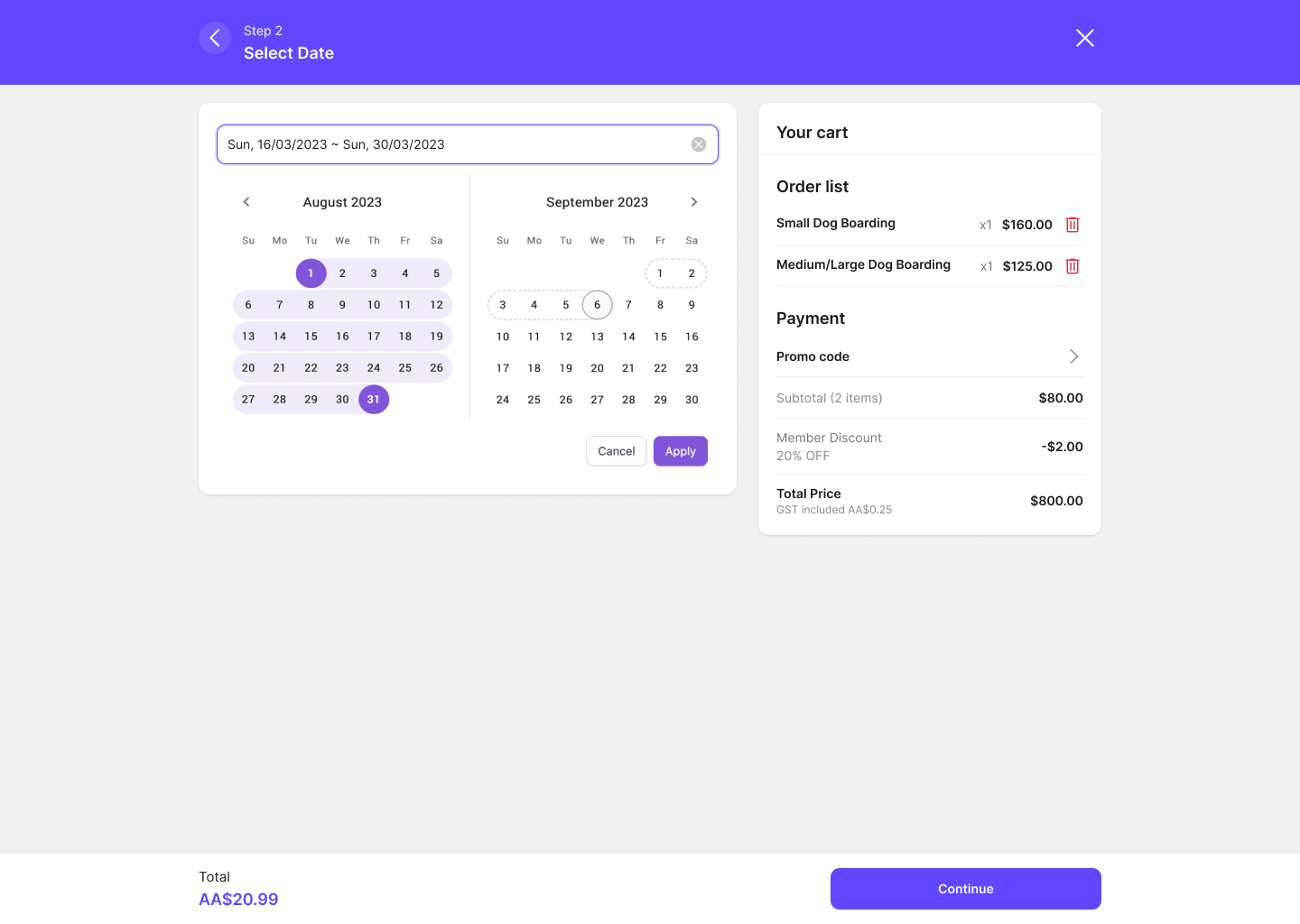 Booking 日期与时间段选择界面